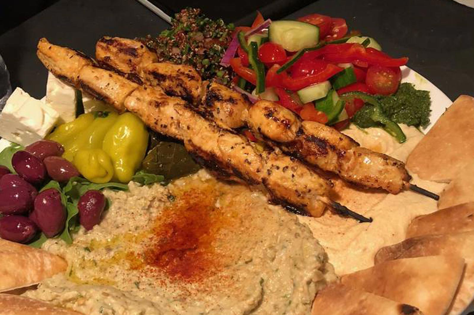 Close up photo of a plate of food at the Olive Tree.