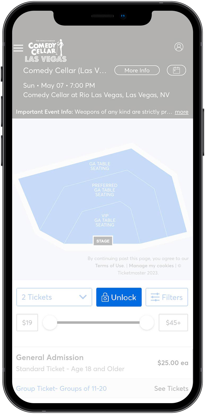 A photo of the Tickemaster website showing the blue unlock icon.