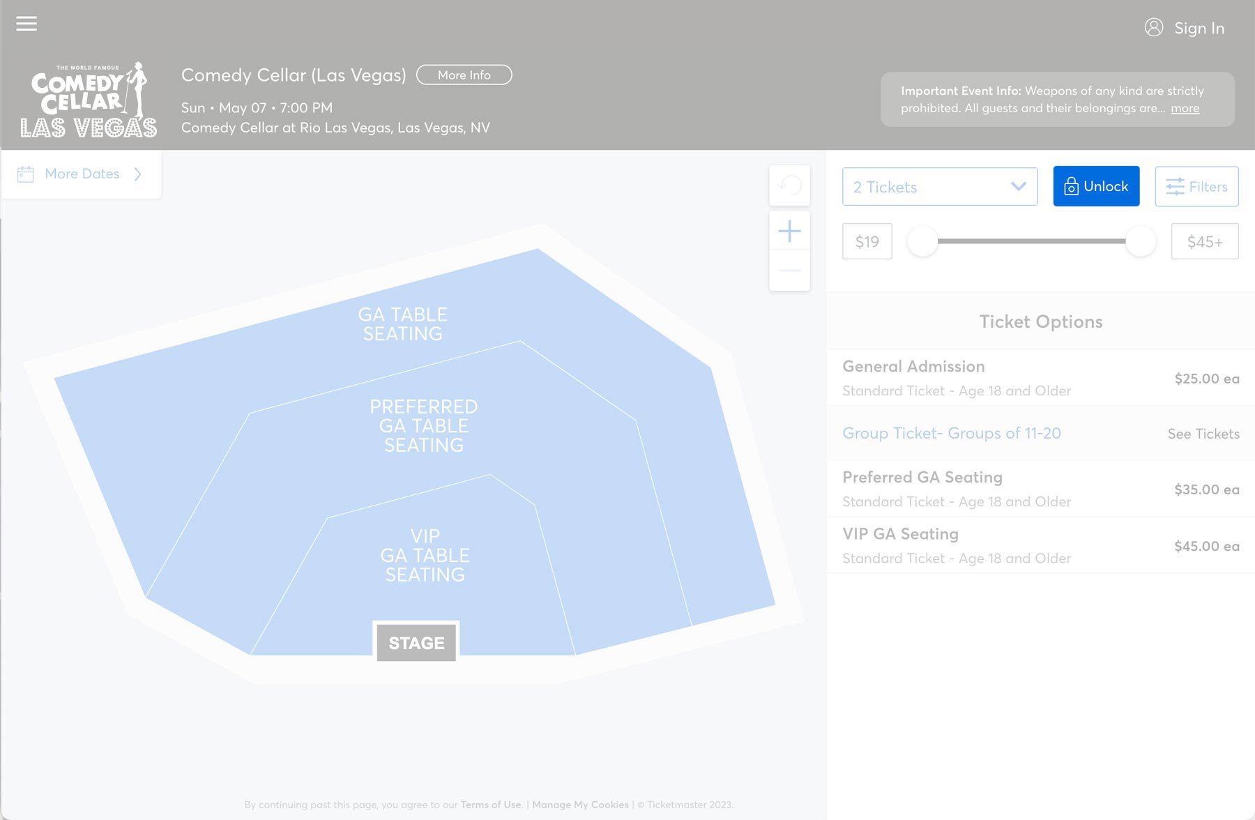 A screenshot of the Ticketmaster desktop website showing the blue unlock icon in the upper right corner.